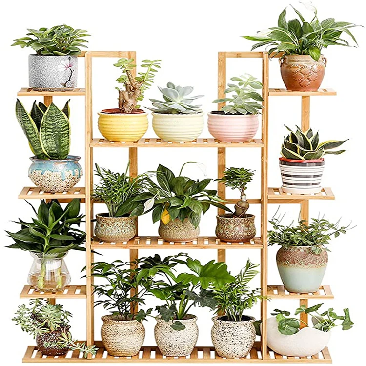 

Bamboo 9 Tier 17 Potted Plant Stand Rack Multiple Flower Pot Holder Shelf Indoor Outdoor Planter Display Shelving, Natural bamboo color