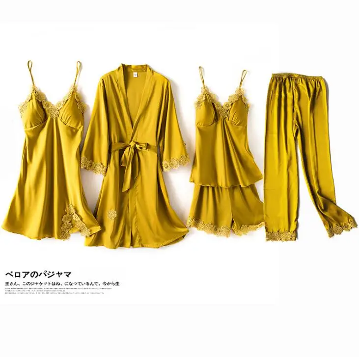 Hot selling styles five pieces sets high quality silk fabric women summer robe set, Light pink, wine, golden yellow
Hot selling styles five pieces sets high quality silk fabric women summer robe set, Light pink, wine, golden yellow