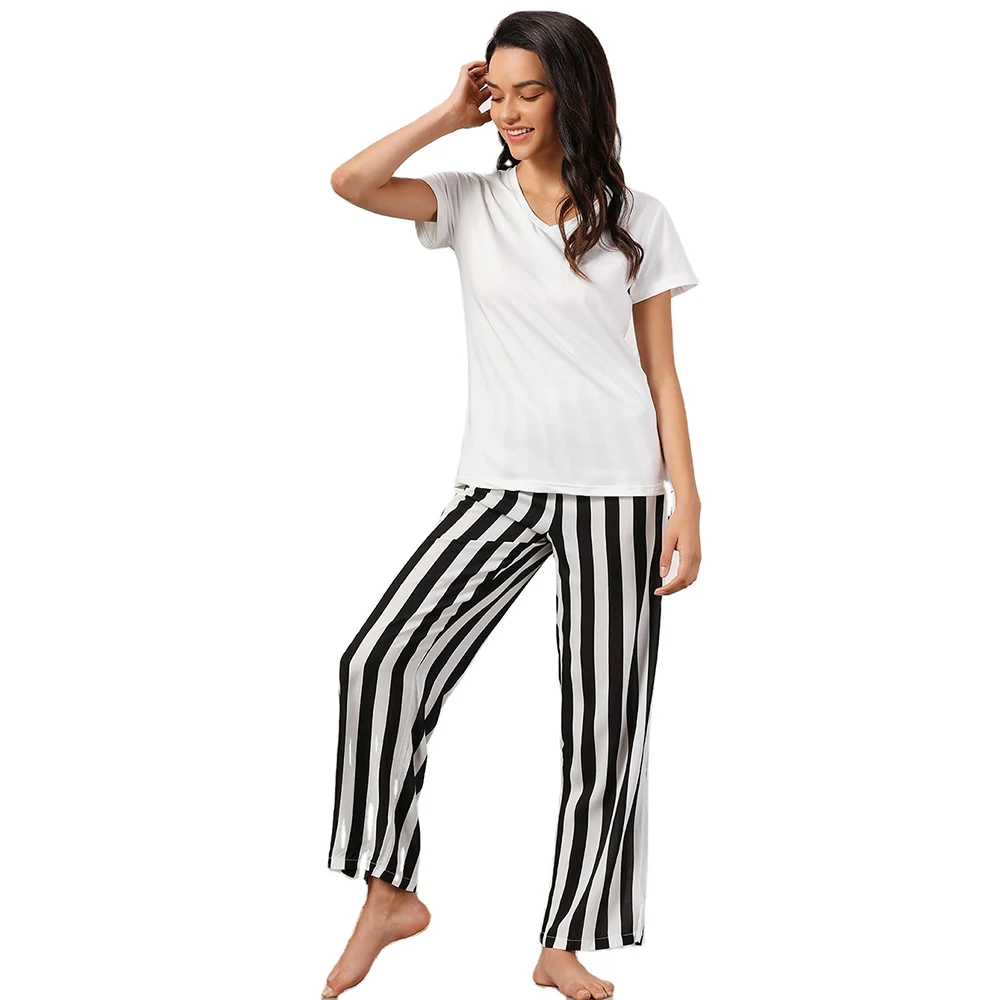 Summer fashion white t-shirt striped pants night ware clothes sleep dress set ladies lounge wear nightsuits pajamas for women
Summer fashion white t-shirt striped pants night ware clothes sleep dress set ladies lounge wear nightsuits pajamas for women