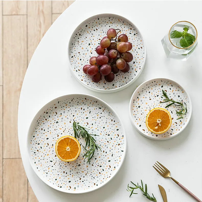 Crockery dinnerware round terrazzo decal cheap ceramic stoneware serving plate for catering wedding
Crockery dinnerware round terrazzo decal cheap ceramic stoneware serving plate for catering wedding