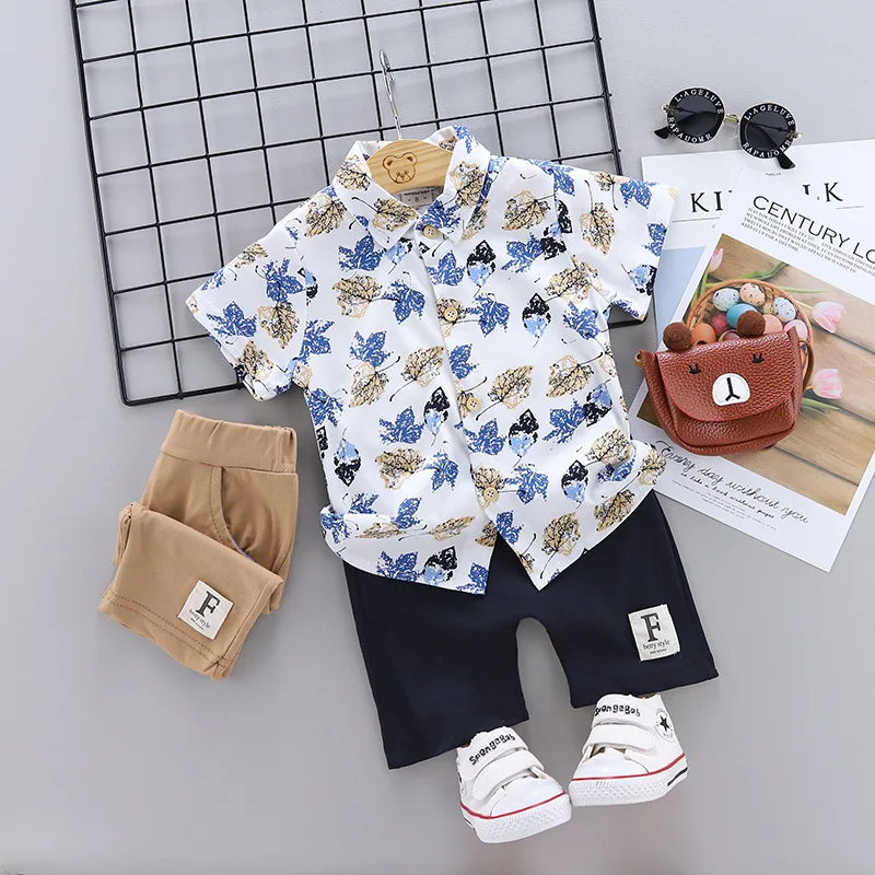 Summer boy stand-up print shirt short sleeve new dress + denim shorts set beautiful boy shirt for children
Summer boy stand-up print shirt short sleeve new dress + denim shorts set beautiful boy shirt for children