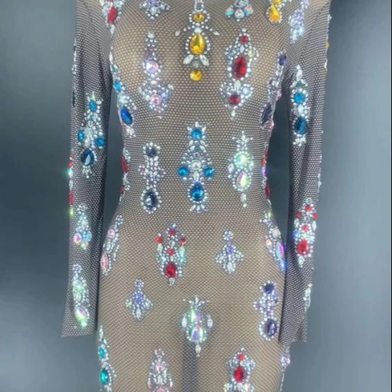 Multi-Color Stones Black Transparent Mesh Dress Bar Women Dance Long Sleeves Dress Birthday Outfits Dress
Multi-Color Stones Black Transparent Mesh Dress Bar Women Dance Long Sleeves Dress Birthday Outfits Dress