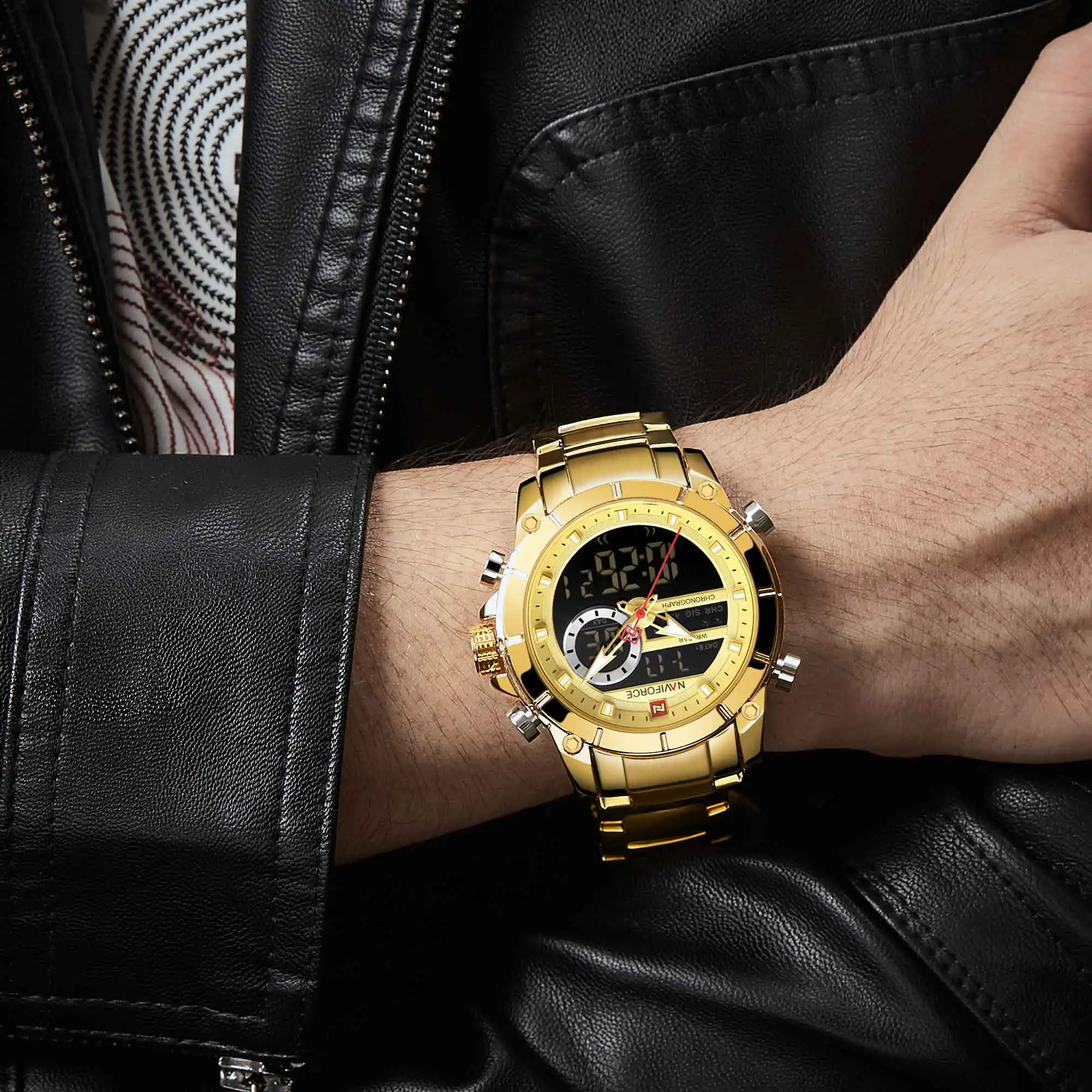 Men Military Sport Wrist Watch Gold Quartz Steel Waterproof Dual Display Male Clock 
Men Military Sport Wrist Watch Gold Quartz Steel Waterproof Dual Display Male Clock