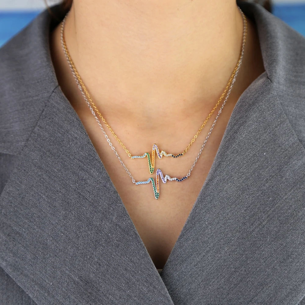 Gold silver 2 color Rainbow colorful cz paved heart beat heartbeat necklace for lover
Gold silver 2 color Rainbow colorful cz paved heart beat heartbeat necklace for lover