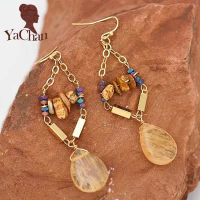 Lady statement natural stone pendant boho style gold plated jhumka earrings, Shiny gold
Lady statement natural stone pendant boho style gold plated jhumka earrings, Shiny gold