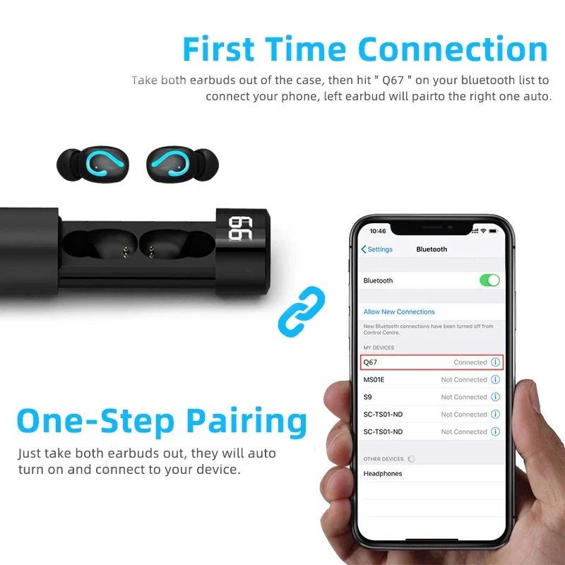 HQB-Q67 TWS Fashion Wireless Earbuds Bluetooth 5.0 3D Stereo Mini Headset Waterproof Sweatproof Hifi In-Ear Earphone 1500 mah - ANKUX.COM
