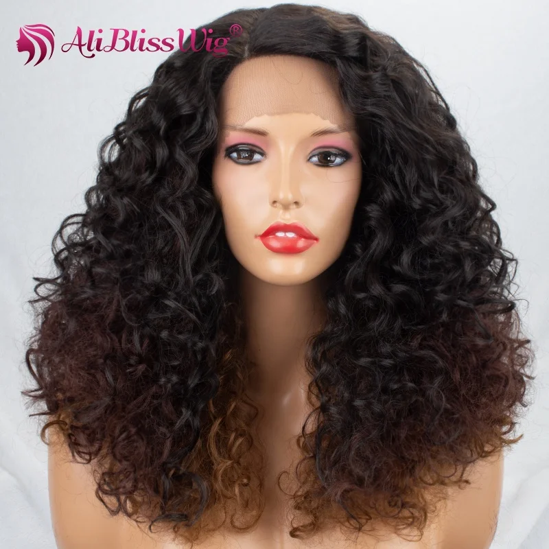 

Aliblisswig Natural Looking Free Parting Wigs Long Kinky Curly Style Ombre Brown Cheap Synthetic Lace Front Wigs For Women