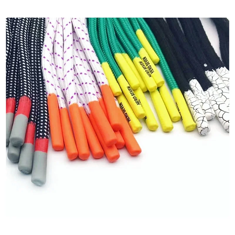 Wholesale polyester drawcords and shoelaces custom logo silicone dipping tips hoodie drawstring pants rope, Custom color
Wholesale polyester drawcords and shoelaces custom logo silicone dipping tips hoodie drawstring pants rope, Custom color