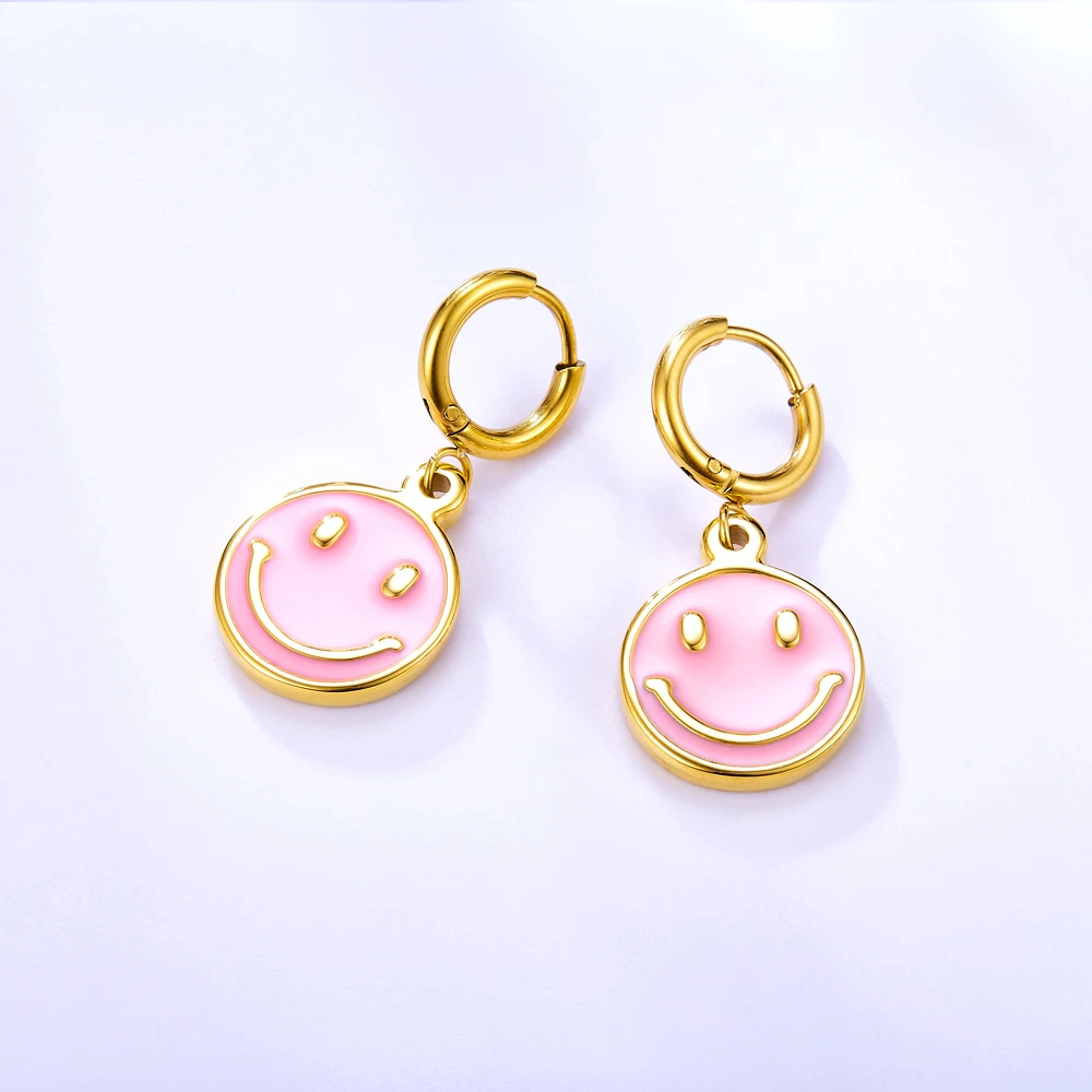 Cute smiley Stainless Steel 18K Gold Plated Popular Hoop Earrings pink colorful popular earrings
Cute smiley Stainless Steel 18K Gold Plated Popular Hoop Earrings pink colorful popular earrings