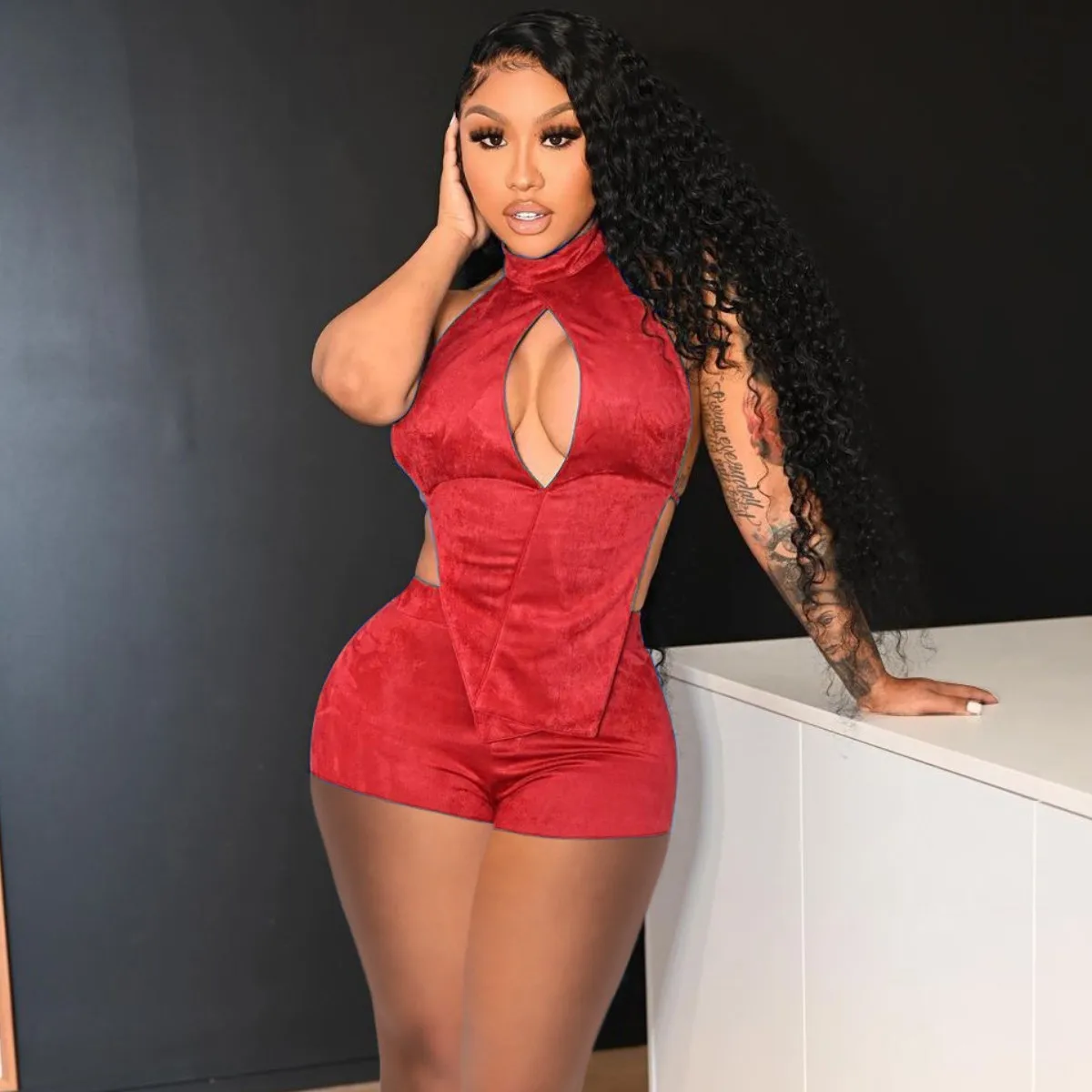 Solid Sexy Halter Hollow Out Two Pieces Pants Sets Night Club Outfits Velvet Shorts Set Women 2021 New Arrivals Summer -YS, Red,black,blue
Solid Sexy Halter Hollow Out Two Pieces Pants Sets Night Club Outfits Velvet Shorts Set Women 2021 New Arrivals Summer -YS, Red,black,blue