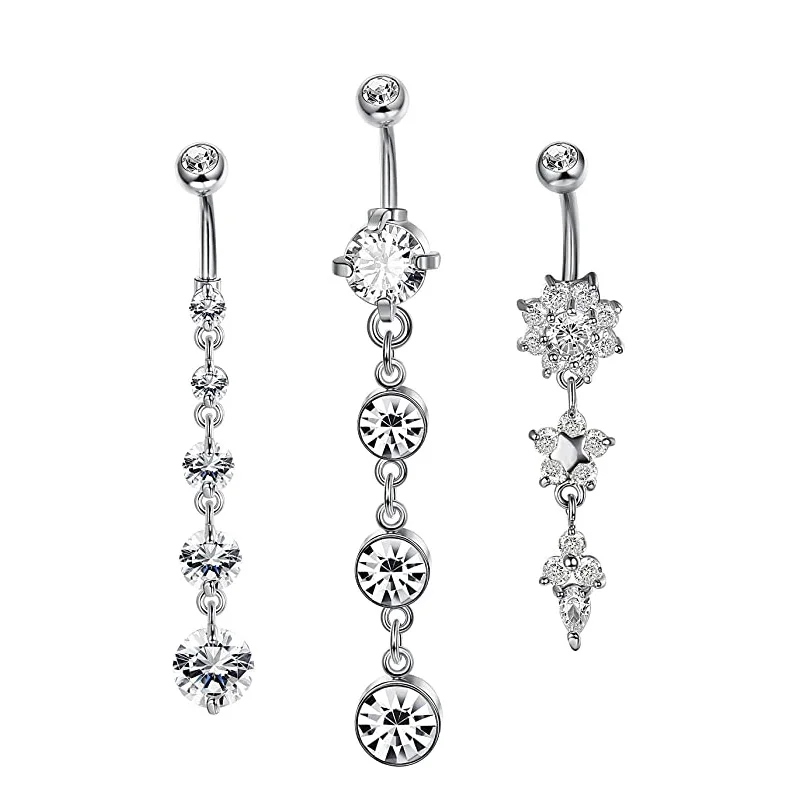 

3Pcs/Set Sexy Dangling 14G 316L Stainless Steel Navel Piercing Jewelry Crystal Zircon Belly Button Rings For Women Girls, Silver