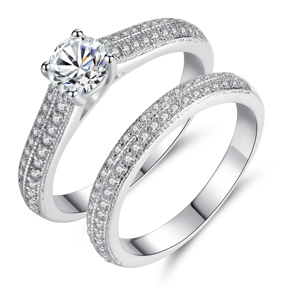 2pcs set Classic Simple Design Silver Double Row Crystal CZ Engagement Ring Wedding Full Sparkling Diamond Couple Rings
2pcs set Classic Simple Design Silver Double Row Crystal CZ Engagement Ring Wedding Full Sparkling Diamond Couple Rings