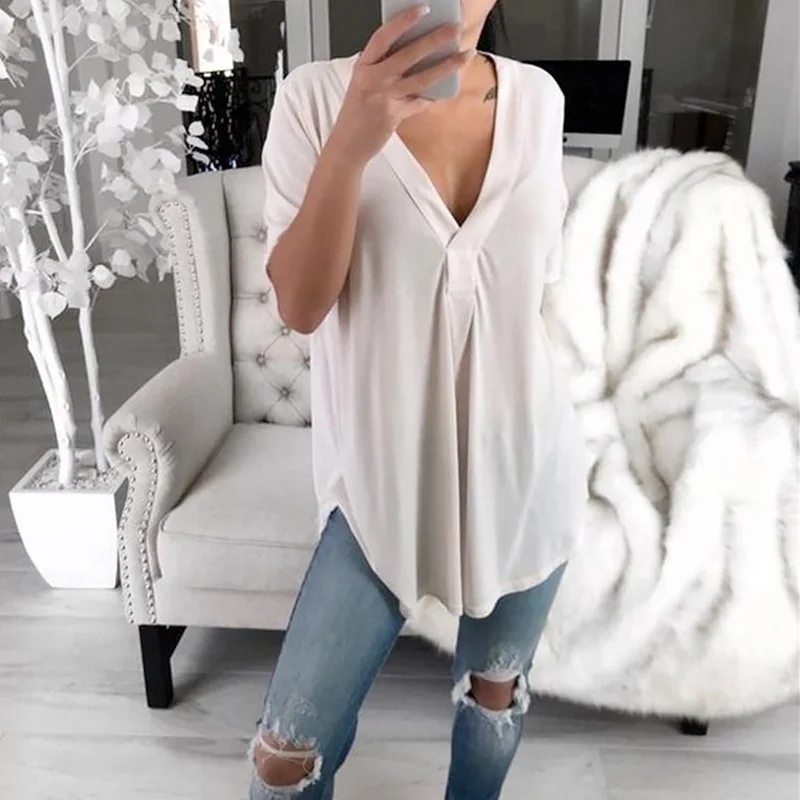 Summer Casual Loose T-shirt Women Short Sleeve Solid Color Tees Sexy Deep V-neck White Black Thirts Big Sizes S-5XL
Summer Casual Loose T-shirt Women Short Sleeve Solid Color Tees Sexy Deep V-neck White Black Thirts Big Sizes S-5XL
