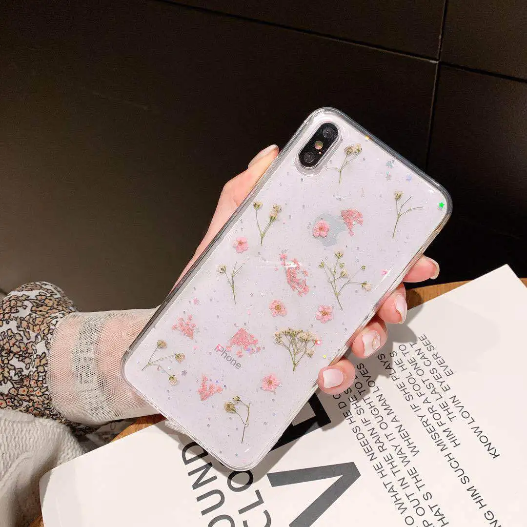 Shockproof Mobile Accessories  Epoxy 3D Dry Dried Real Flower Acrylic Back Phone cover Case