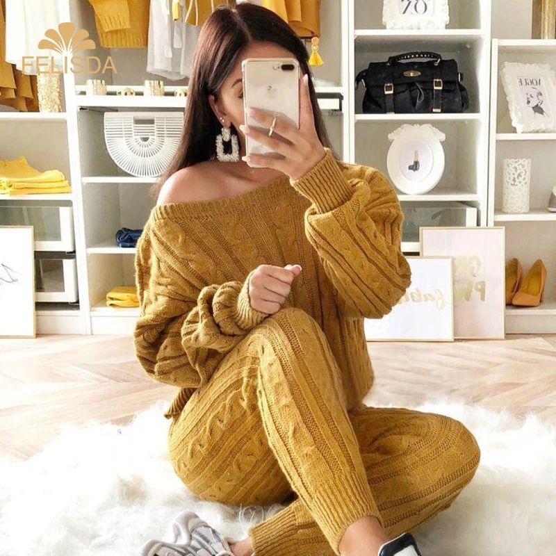 Hot Autumn Winter Fashion Women's Knit Tops And Pants Suit Sports Off Shoulder Sexy Wool Knit Suit
Hot Autumn Winter Fashion Women's Knit Tops And Pants Suit Sports Off Shoulder Sexy Wool Knit Suit