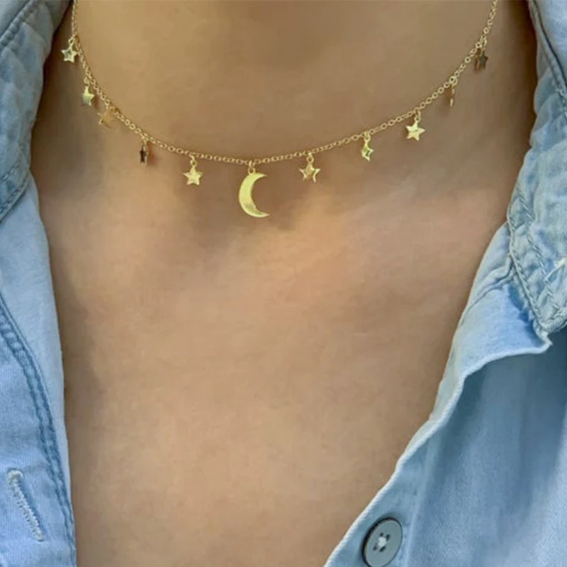 Trendy Gold Plated Thin Chain Moon and Multiple Star Charms Choker Necklace for Women
Trendy Gold Plated Thin Chain Moon and Multiple Star Charms Choker Necklace for Women