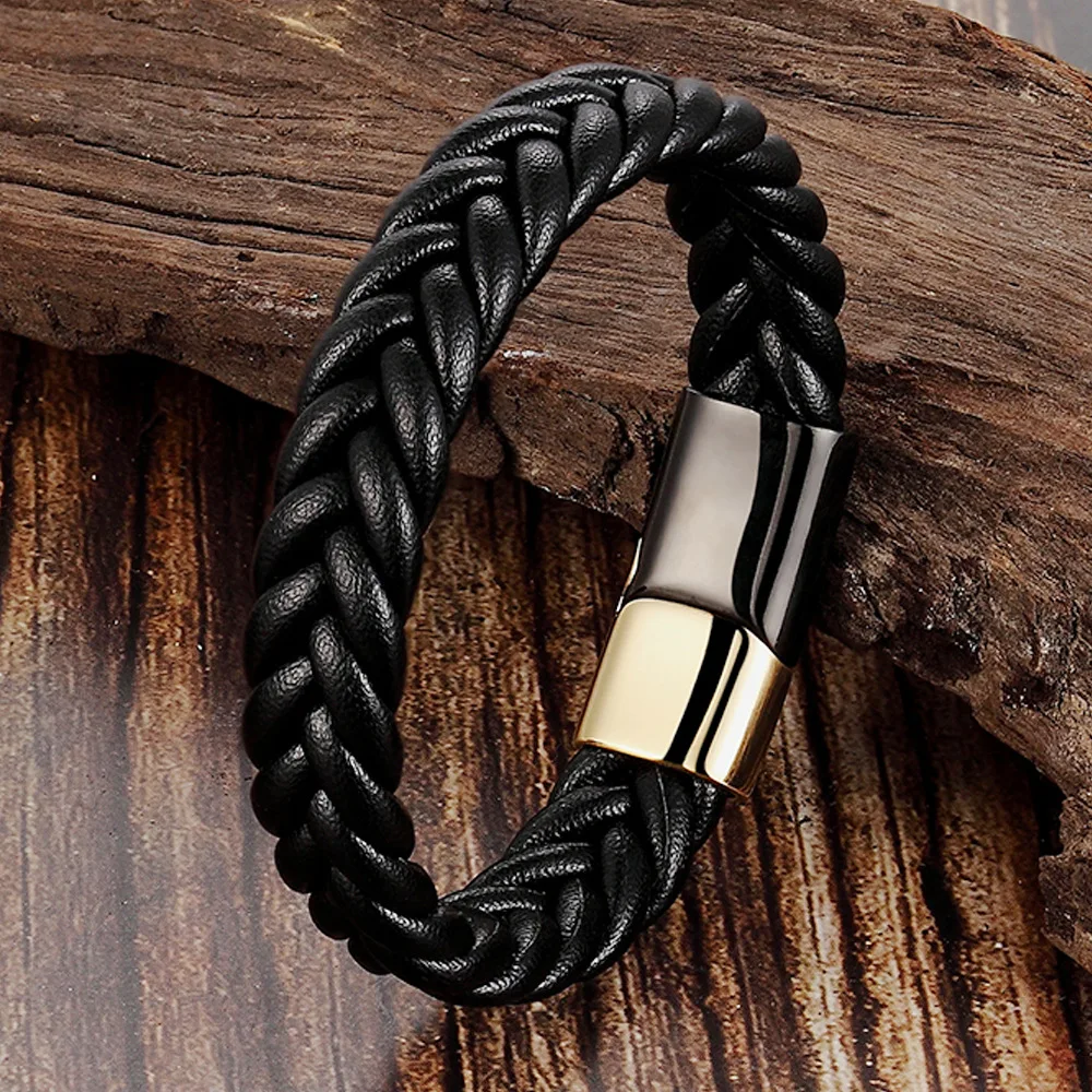 Custoimized Logo Stainless Steel Magnetic Buckle Genuine Leather Braided Woven Men Bracelet Gifts Jewelry PVD Black Bracelet
Custoimized Logo Stainless Steel Magnetic Buckle Genuine Leather Braided Woven Men Bracelet Gifts Jewelry PVD Black Bracelet