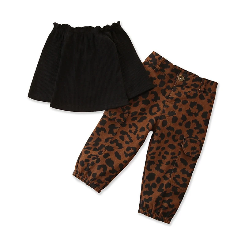 Black pit cotton off shoulder top leopard print pants children fall boutique clothing sets for girls, As picture show
Black pit cotton off shoulder top leopard print pants children fall boutique clothing sets for girls, As picture show