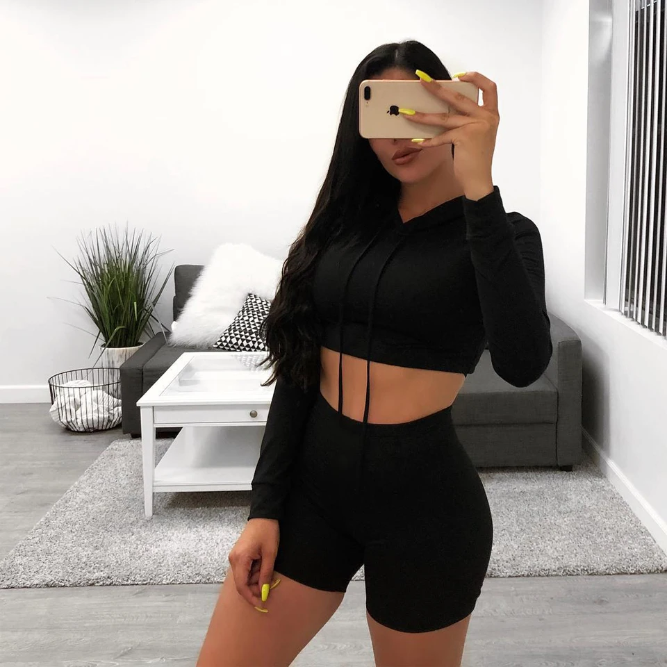 2021 New Summer Sexy 2 Piece Set Women Crop Hoodie Tops with Short Pants Yoga Sport Two Pieces Sets Womens Jogging Fitness Set
2021 New Summer Sexy 2 Piece Set Women Crop Hoodie Tops with Short Pants Yoga Sport Two Pieces Sets Womens Jogging Fitness Set