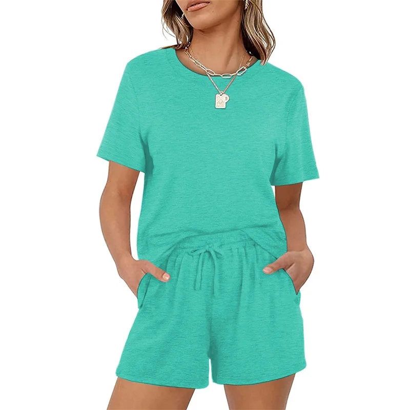 2021 Amazon new ladies casual solid color short-sleeved elastic lace-up pocket shorts suit, Optional
2021 Amazon new ladies casual solid color short-sleeved elastic lace-up pocket shorts suit, Optional