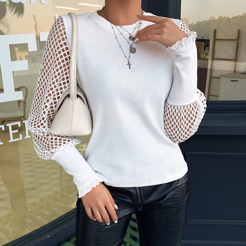B62372A 2020 hot style sexy top for female pure color slim body with slim mesh sleeve knit shirt
B62372A 2020 hot style sexy top for female pure color slim body with slim mesh sleeve knit shirt