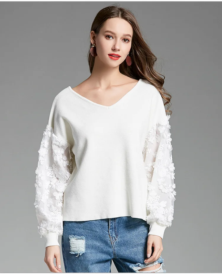New autumn/winter 2019 Bubble-sleeve women's sweater with lace chiffon sleeves and v-neck knit wear
New autumn/winter 2019 Bubble-sleeve women's sweater with lace chiffon sleeves and v-neck knit wear
