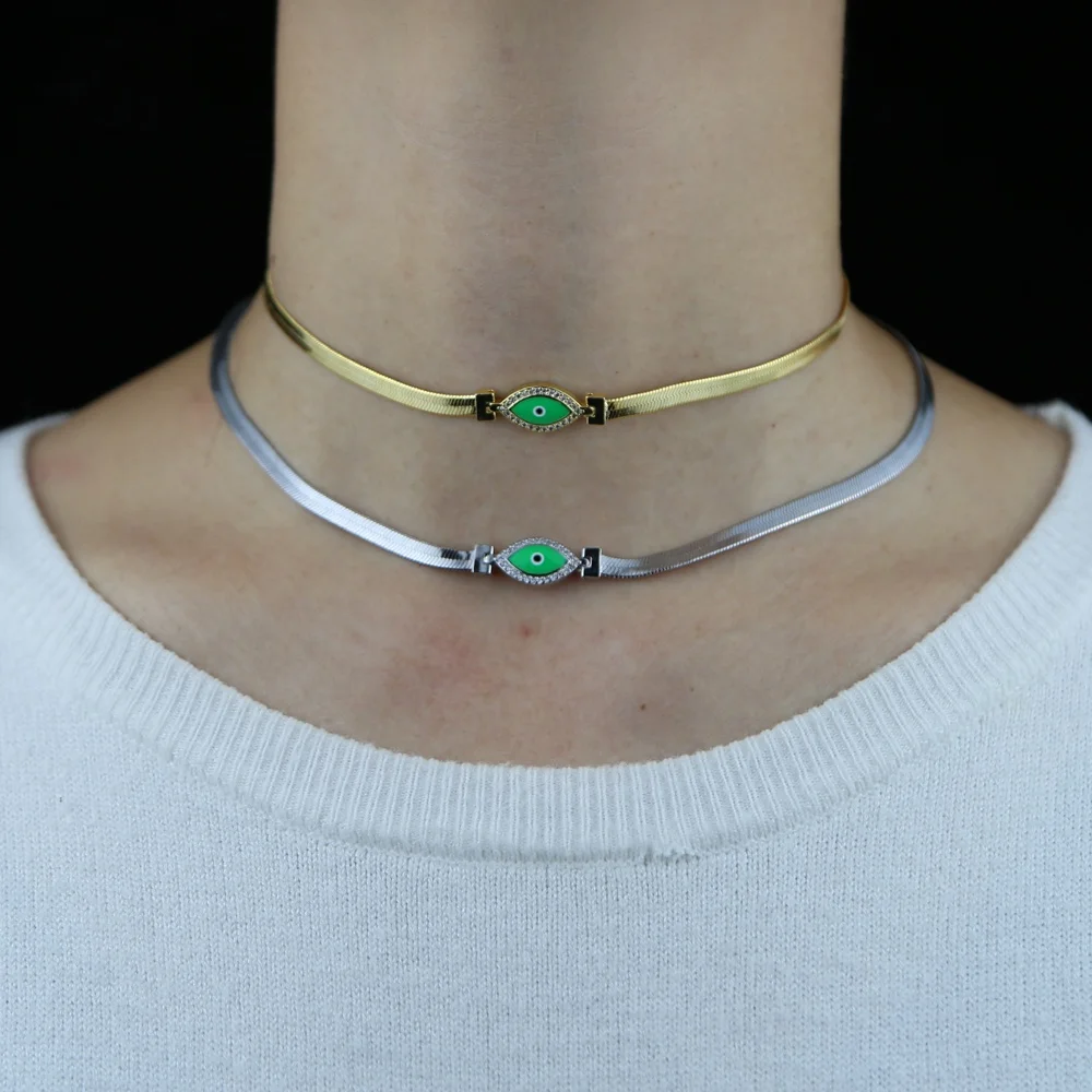 Iced out short necklace with enamel eye charm choker necklace gold silver color hip hop flat Herringbone Snake Chain necklace, As pic
Iced out short necklace with enamel eye charm choker necklace gold silver color hip hop flat Herringbone Snake Chain necklace, As pic