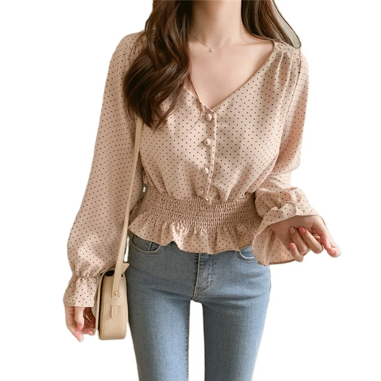 Vintage V-neck Flare Sleeve Polka Dot Women Shirt Elegant Front Buttons Slim Waist Ruffles Female Blouse, As pic
Vintage V-neck Flare Sleeve Polka Dot Women Shirt Elegant Front Buttons Slim Waist Ruffles Female Blouse, As pic