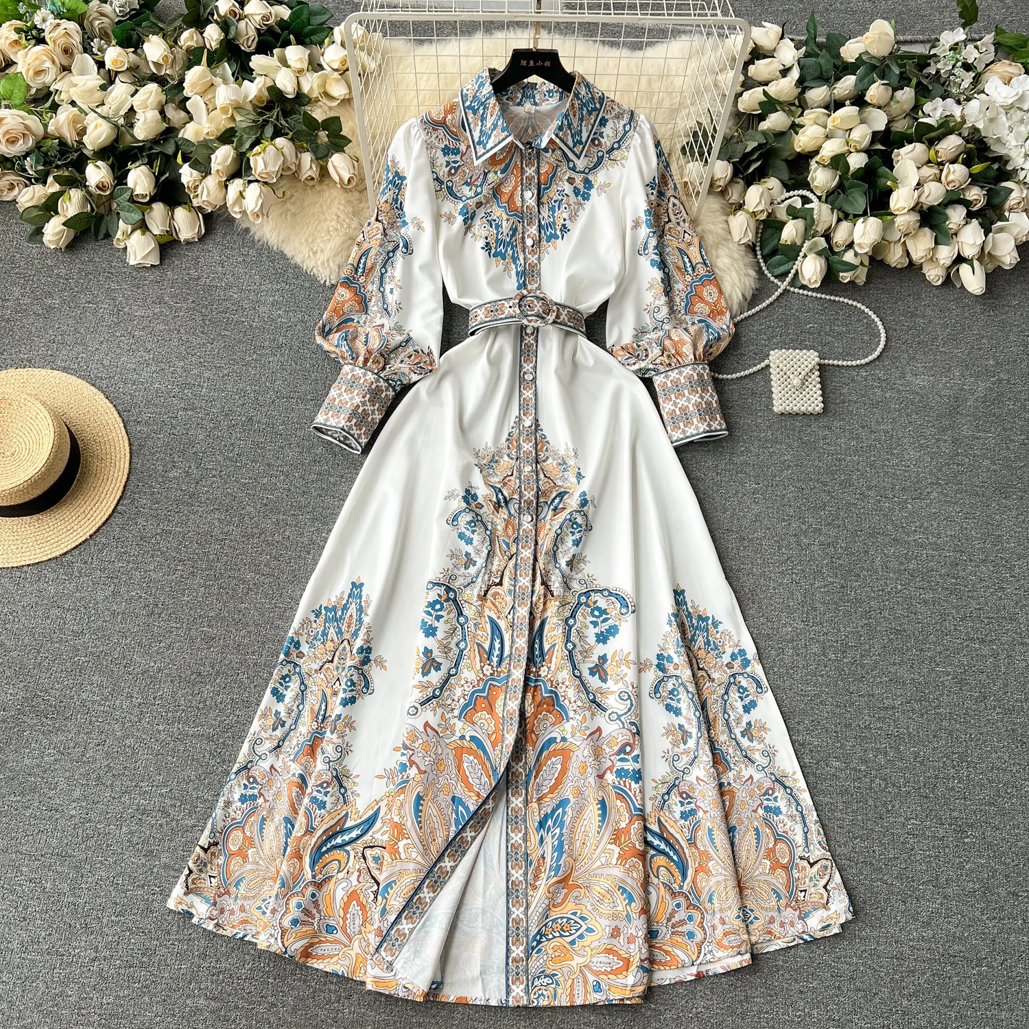 

Retro palace style dress for women's wear new high-end temperament luxury waistband printed large swing long skirt