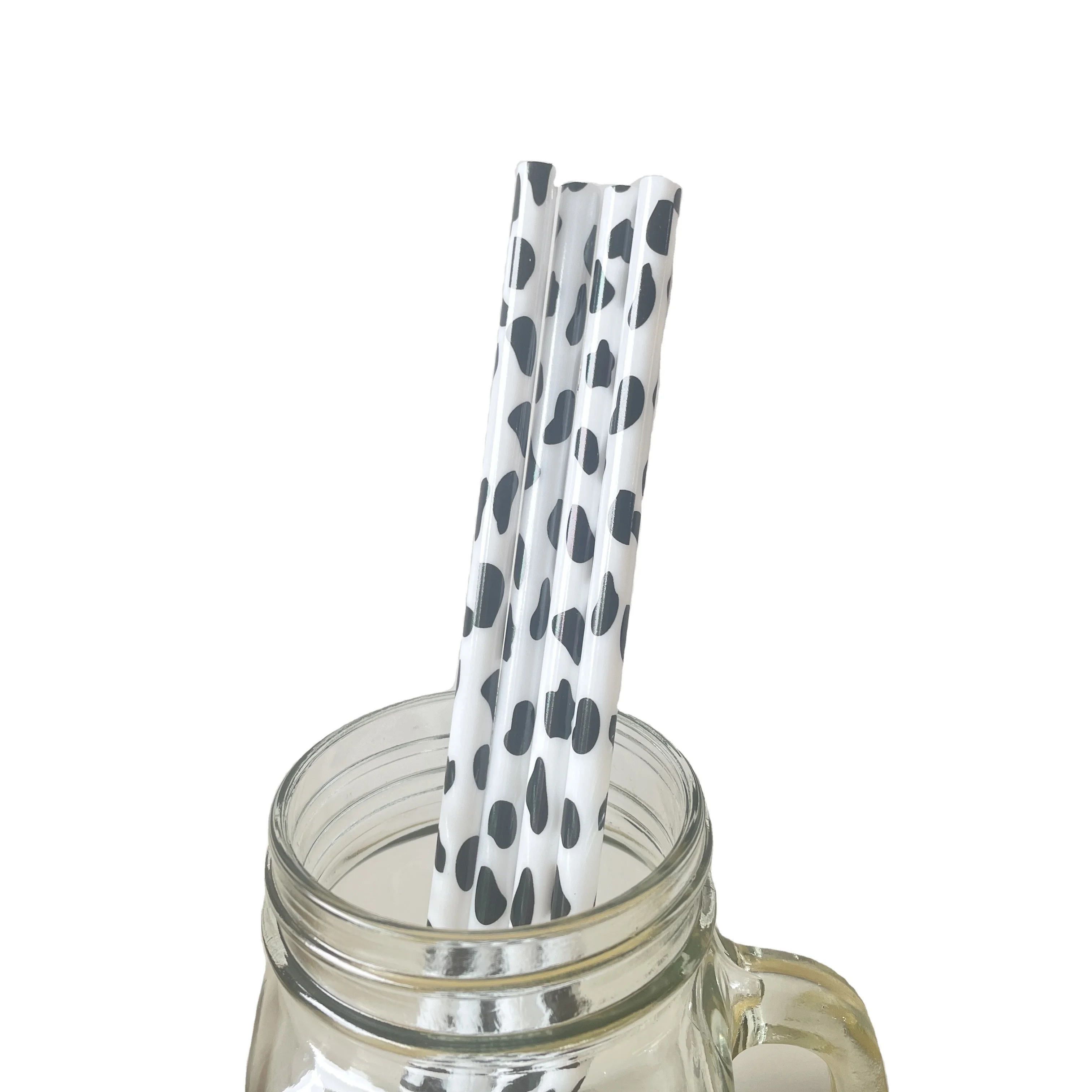 

custom Eco-friendly animal print plastic drinking straw PP Hard Plastic cow 9in cowhide print straws, Stainless steel color
