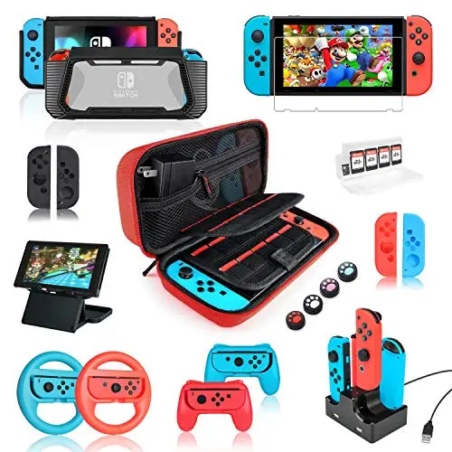 

Switch Accessories Bundle Kit with Carrying Case Screen Protector Compact Playstand Game Case Joystick Cap Charging Dock