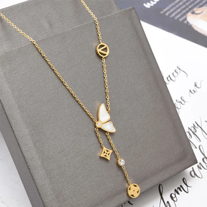 High Quality Gold V Shaped Necklace Butterfly Shell Necklace Tassel Titanium Steel Jewelry, Picture shows
High Quality Gold V Shaped Necklace Butterfly Shell Necklace Tassel Titanium Steel Jewelry, Picture shows