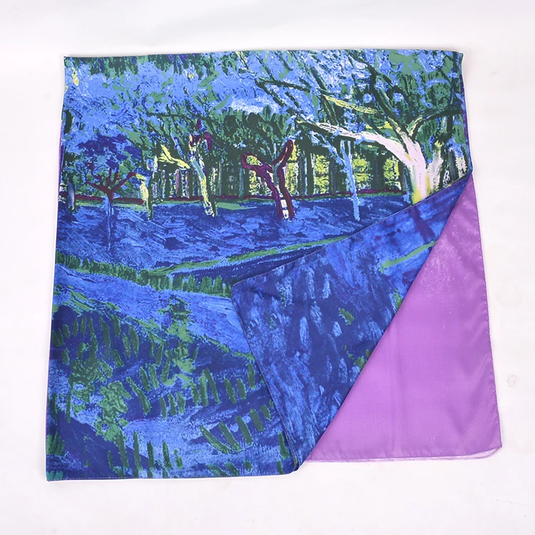 FENNYSUN 130*130cm Large Twill Luxury 100% Polyester Square Tree New Custom Oil Painting Printing Square Neck Scarf Silk Scarves