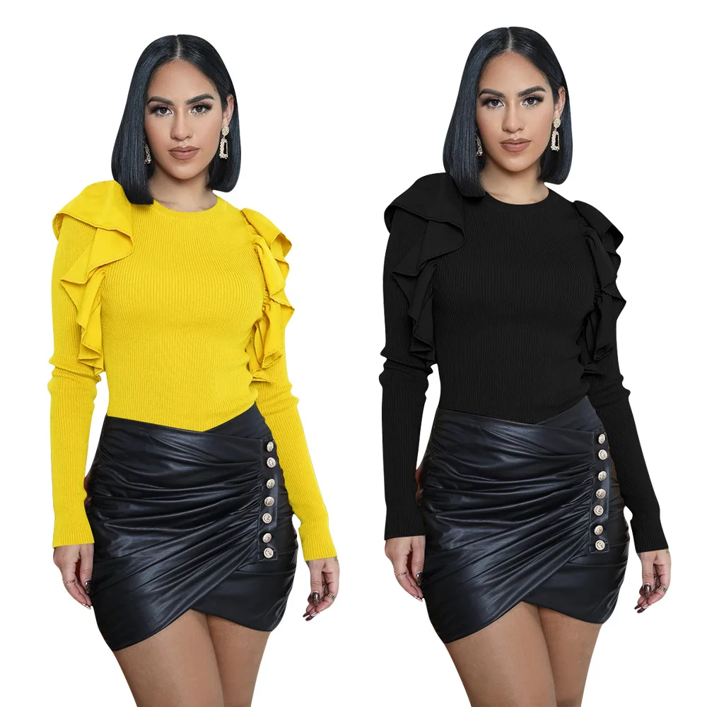 Women's Fall/winter Ruffled Long Solid Color Long Women's Slim Long-sleeved Top
Women's Fall/winter Ruffled Long Solid Color Long Women's Slim Long-sleeved Top