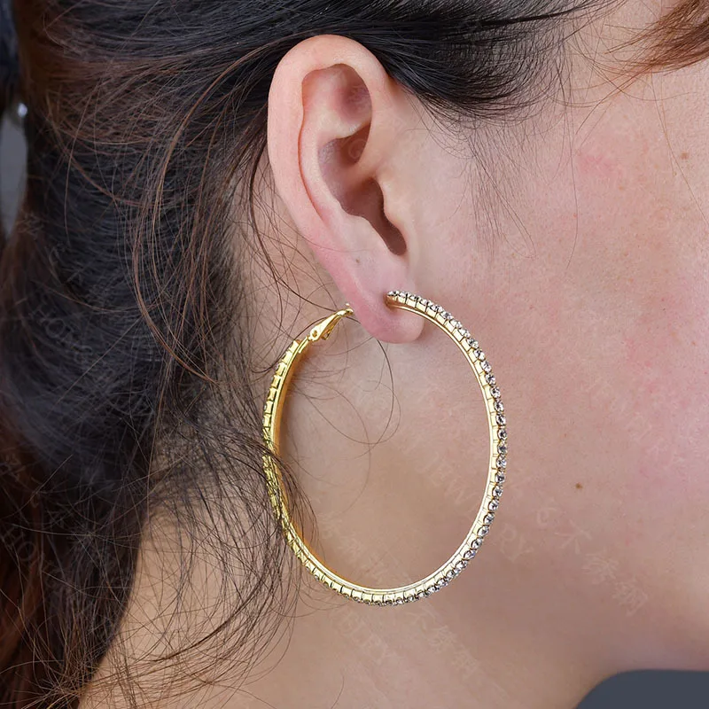 80mm Custom Handmade Fashion Accessories Rhinestone Crystal Big Women Jewelry Stainless Steel Hoop Earrings, Gold
80mm Custom Handmade Fashion Accessories Rhinestone Crystal Big Women Jewelry Stainless Steel Hoop Earrings, Gold