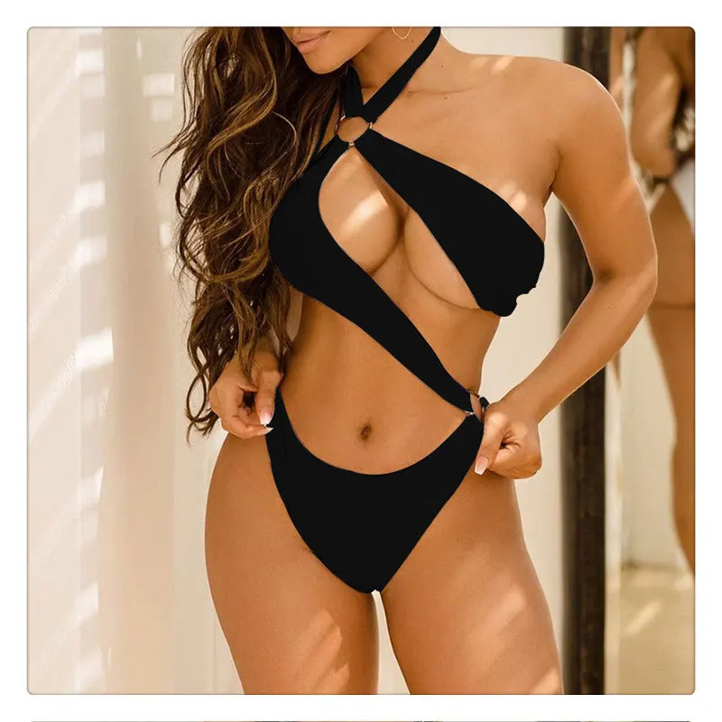

Popular bikini circle strap irregular hollow one-piece swimsuit hot selling in Europe and America sexy swimsuit lingerie, Shown