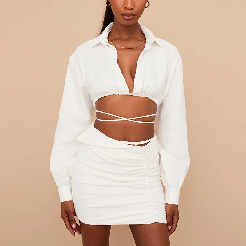 turn-down collar long sleeve crop top blouse set lace up outfits 2 piece white skirt set women
turn-down collar long sleeve crop top blouse set lace up outfits 2 piece white skirt set women