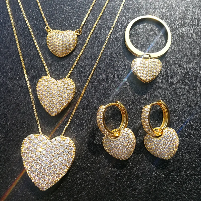 Valentine's Day Gift Jewelry 18k Gold Plated Brass Hot Sale Pendant Necklace Heart Rings Heart Earring Sets For Women 2020
Valentine's Day Gift Jewelry 18k Gold Plated Brass Hot Sale Pendant Necklace Heart Rings Heart Earring Sets For Women 2020