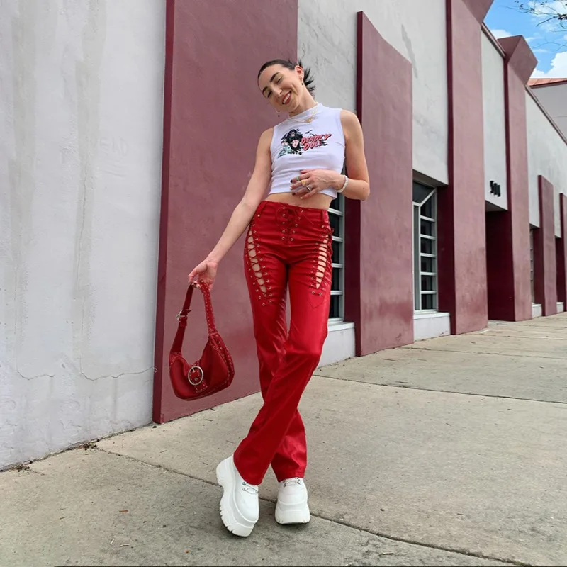 Faux PU Y2K High Waist Pants Women Chic Hollow Out Bandage Sexy Autumn Trend Leather Club Trousers Slim Streetwear
Faux PU Y2K High Waist Pants Women Chic Hollow Out Bandage Sexy Autumn Trend Leather Club Trousers Slim Streetwear