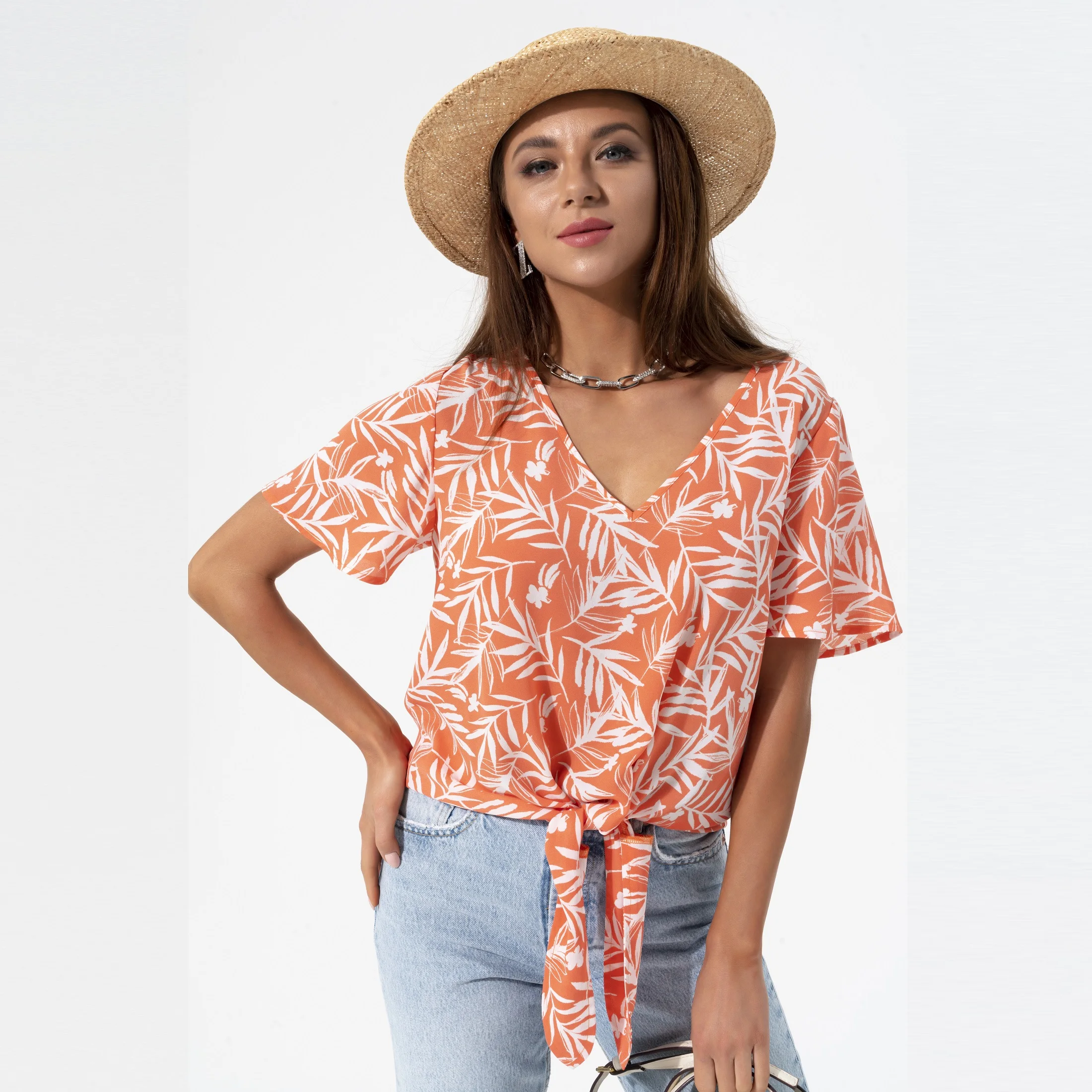 Casual Shirt V Neck Short Sleeve Printed Front Knot Chiffon Womens Ladies Blouse, Picture showed
Casual Shirt V Neck Short Sleeve Printed Front Knot Chiffon Womens Ladies Blouse, Picture showed