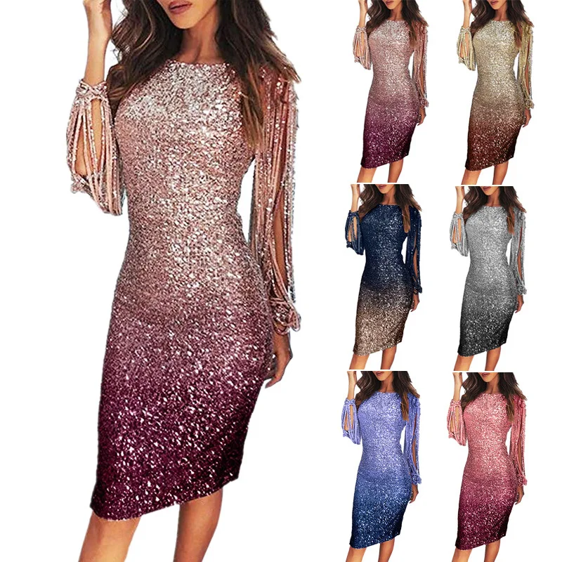 2021 popular women's evening dresses tassel long sleeve gradient Sequin dinner casual bodycon dress
2021 popular women's evening dresses tassel long sleeve gradient Sequin dinner casual bodycon dress
