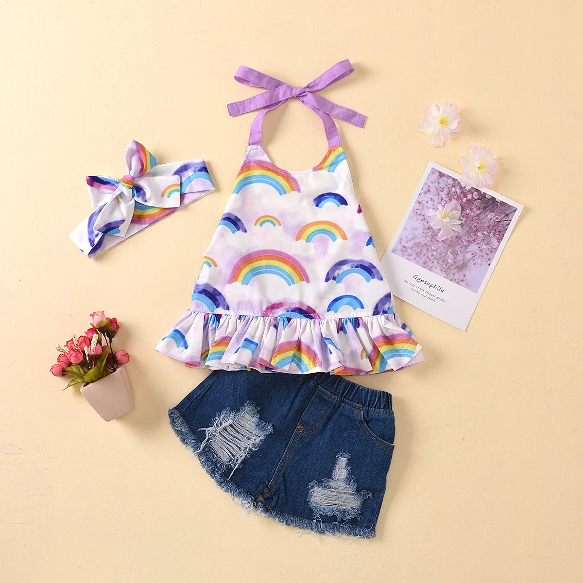 Children Girls Lace Up Rainbow Print Flounce Halter Top Borken Hole Denim Shorts Set
Children Girls Lace Up Rainbow Print Flounce Halter Top Borken Hole Denim Shorts Set