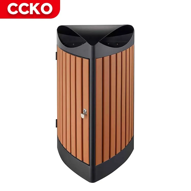 

High End Triangle Commercial Trash Bins Garbage Can Steel Dustbin Wood Waste Bins Recycle Bins Outdoor Trash Can For Street Park