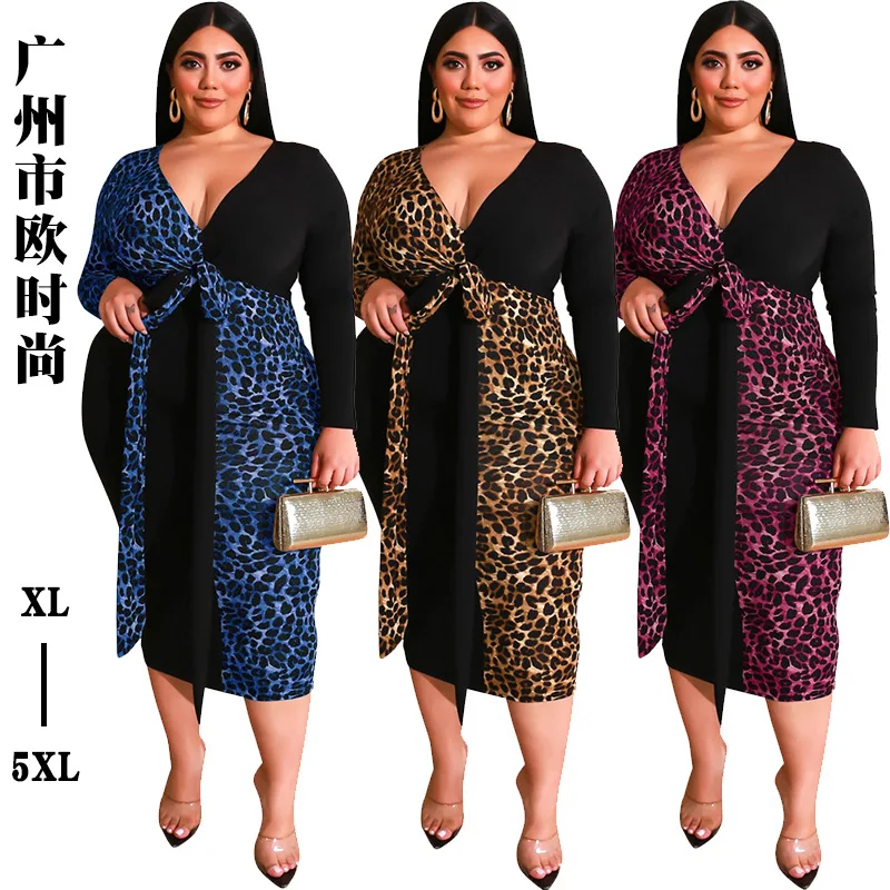 

Fashion hot sell sexy deep V Large Size Women's elegant splicing leopard printed evening dress casual plus size women dresses, Picture shows