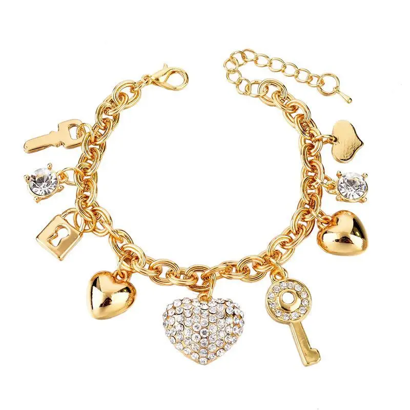 European Gold Plated Crystal Rhinestone Pave Beads Love Heart Charm Bracelet Austrian CZ Zircon Lock Key Heart Bracelet
European Gold Plated Crystal Rhinestone Pave Beads Love Heart Charm Bracelet Austrian CZ Zircon Lock Key Heart Bracelet