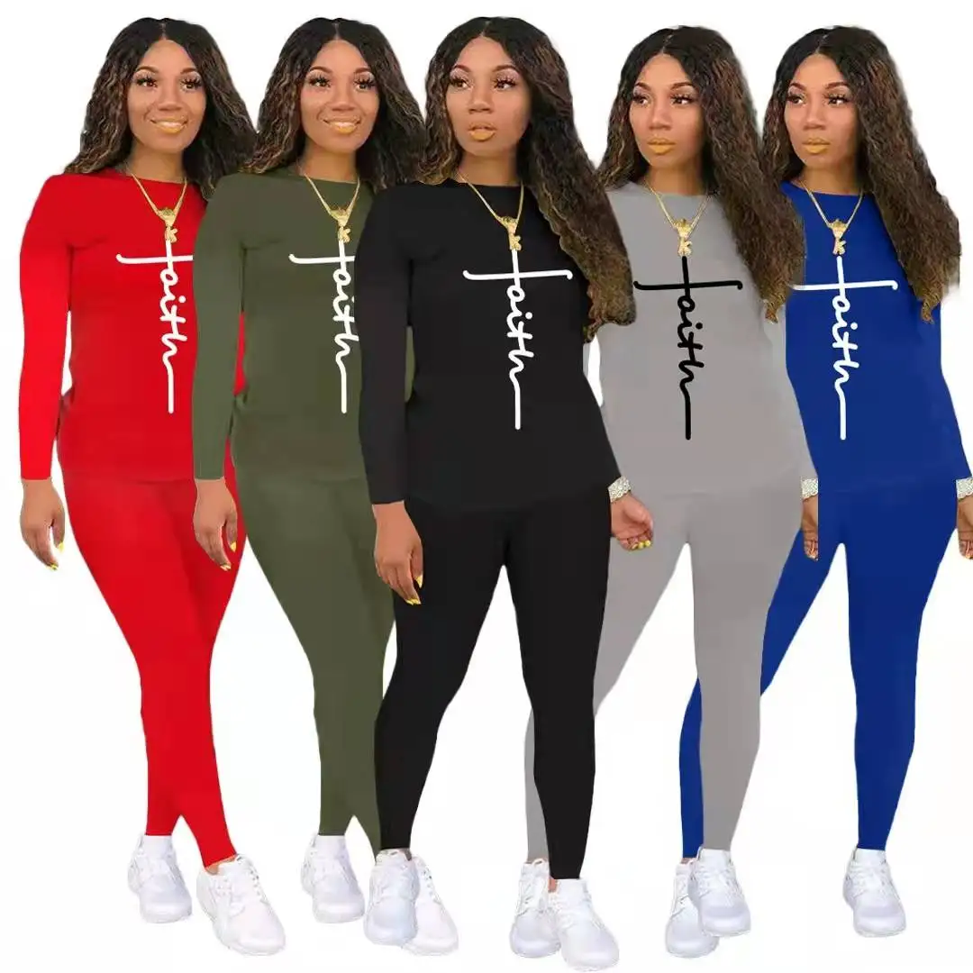 Hot Sale Spring Dresses Fashion Faith Faith T Shirt Long Sleeve With Sweat Pant 2 Piece Set Women Jogging Wear
Hot Sale Spring Dresses Fashion Faith Faith T Shirt Long Sleeve With Sweat Pant 2 Piece Set Women Jogging Wear