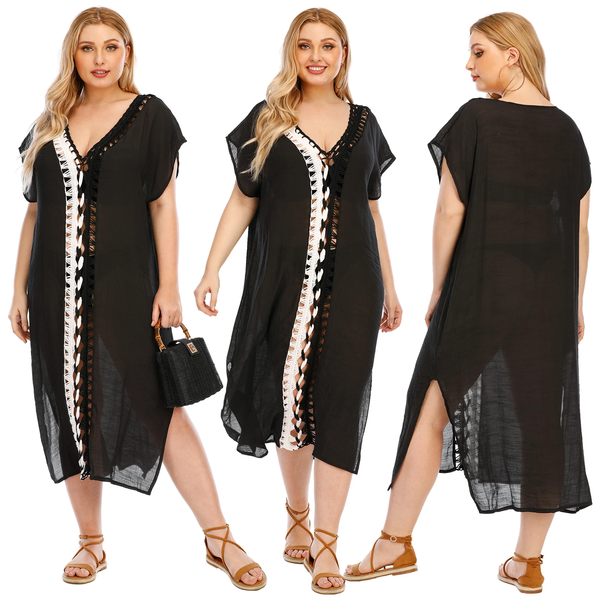2021 new European and American large size women's dress contrasting color hook splicing beach skirt loose dress, Customized color
2021 new European and American large size women's dress contrasting color hook splicing beach skirt loose dress, Customized color