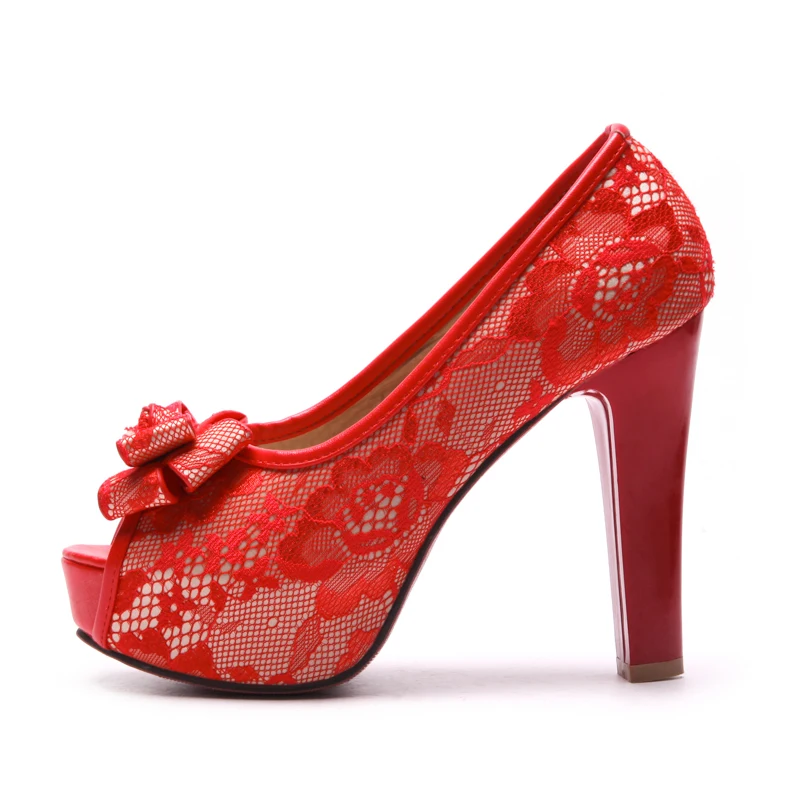 

Wedding Peep Toe High Heels Shoes Bowknot Women's Network Yarn Pumps Fashion Platform Party Bridal Shoes, Black/ecru/red