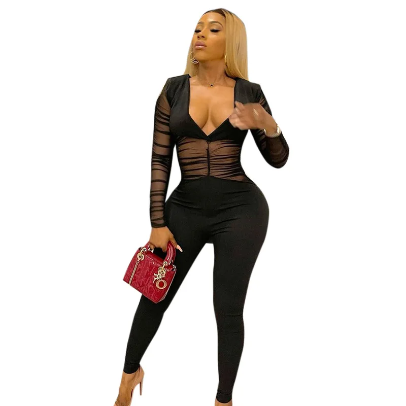 2021 Fall Clothes Women Solid Color Long Sleeve Romper And Jumpsuit Deep V Neck Seethrough Mesh Jumpsuit
2021 Fall Clothes Women Solid Color Long Sleeve Romper And Jumpsuit Deep V Neck Seethrough Mesh Jumpsuit