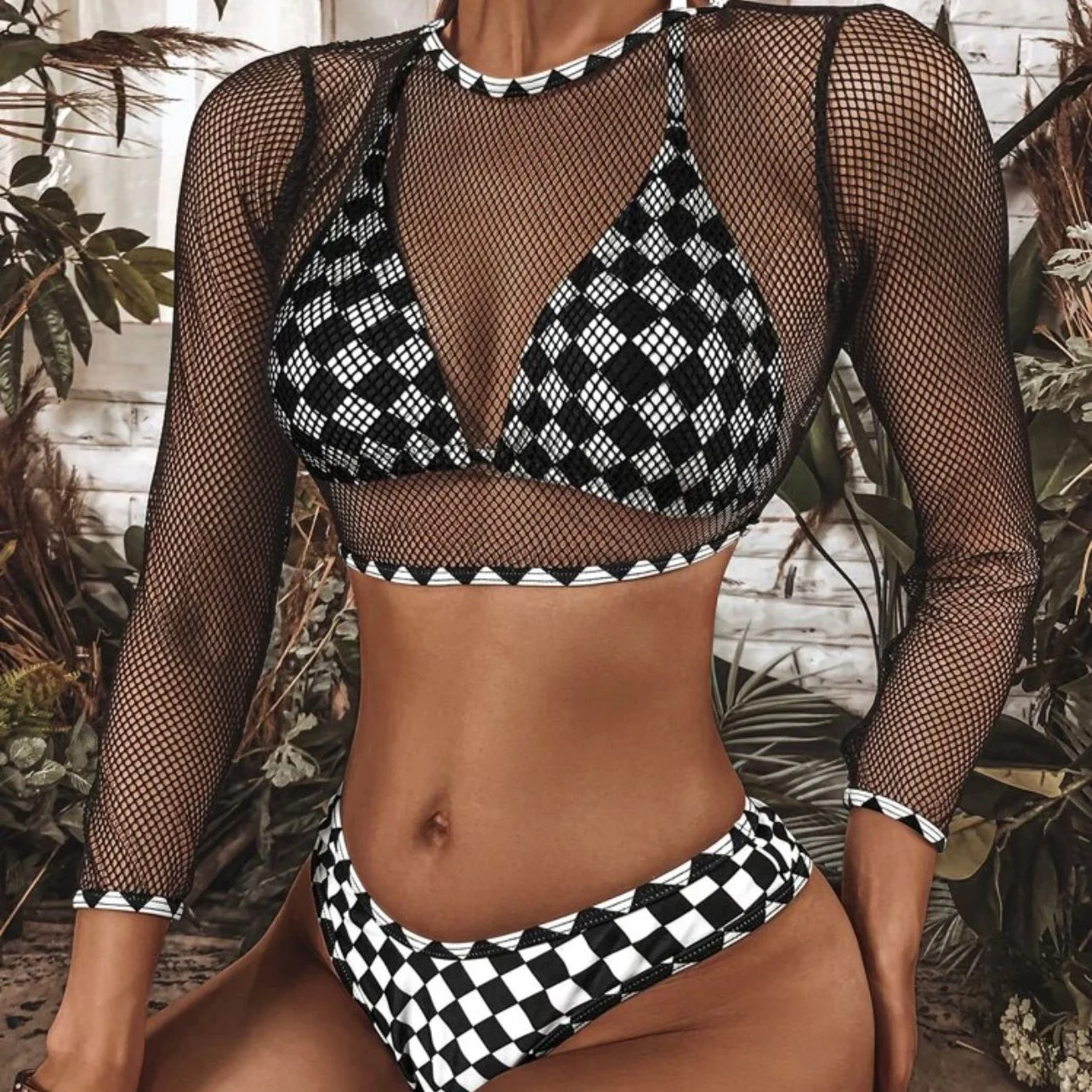 

2022 Women's Ladies Black White Gingham Swimsuit 3 Pieces Bikini Set Beach Swimwear Bathing Suit, Picture showed